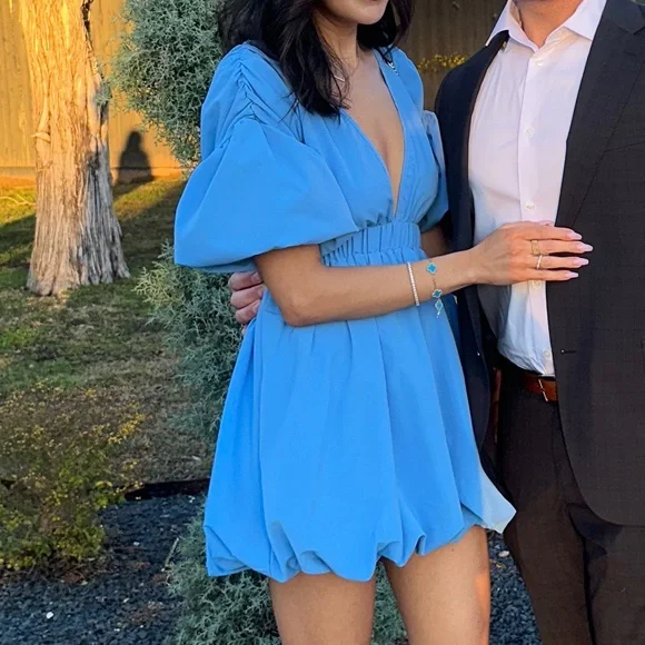 don't tell the bride blue wedding dress Lovelo Sky Blue Bubble Hem Button Up Mini Dress main image 1